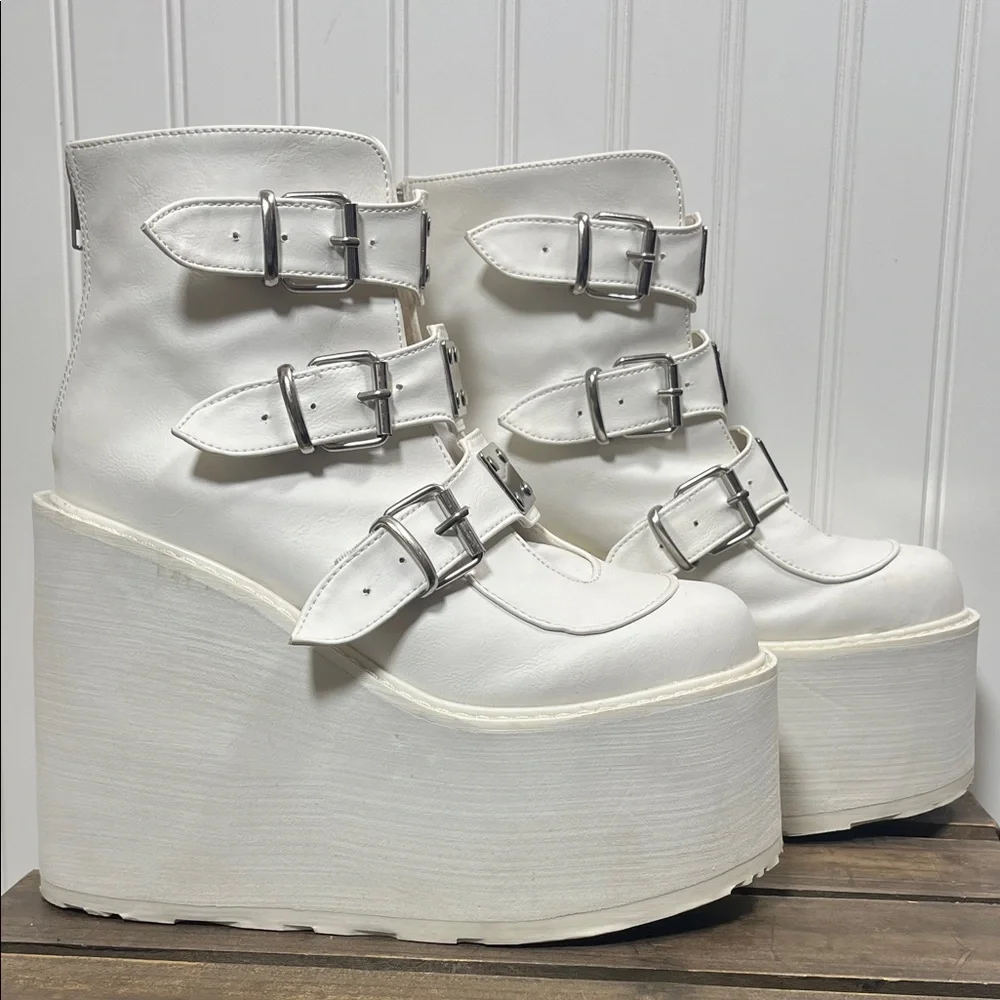 Demonia Swing-105 White Platform Buckle Boots Goth Rave Cosplay Alt Festival